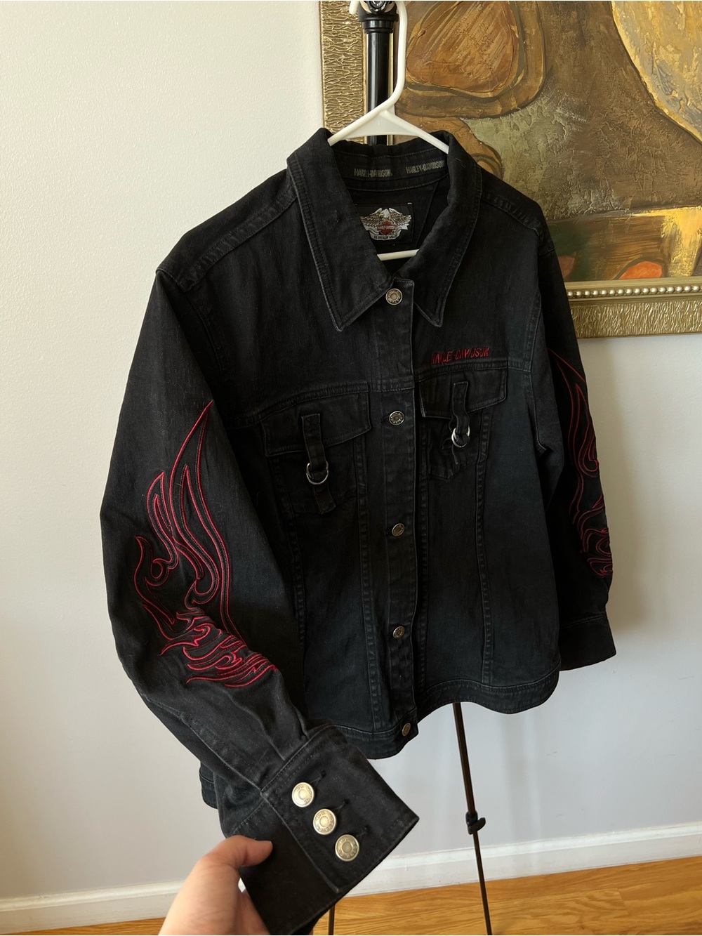 Harley Davidson black denim jacket embroidered flame design size Large